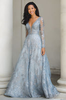 Load image into Gallery viewer, Blue and Silver A Line V-Neck Long Lace Mother of the Bride Dress with Sleeves