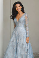 Load image into Gallery viewer, Blue and Silver A Line V-Neck Long Lace Mother of the Bride Dress with Sleeves