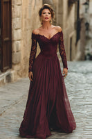 Load image into Gallery viewer, Cabernet A Line Long Chiffon Mother of the Bride Dress with Sleeves