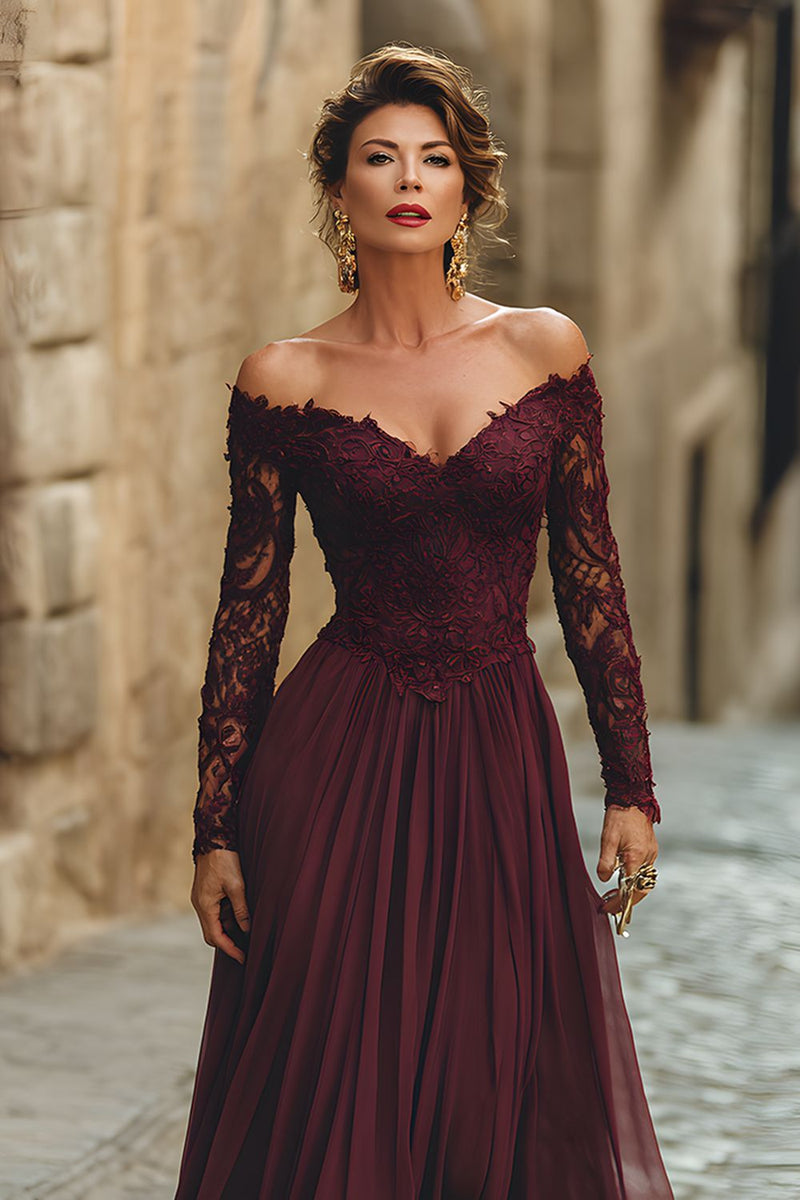 Load image into Gallery viewer, Cabernet A Line Long Chiffon Mother of the Bride Dress with Sleeves
