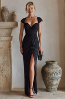 Load image into Gallery viewer, Black Cap Sleeves Ruched Long Mother of the Bride Dress with Slit