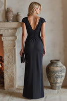 Load image into Gallery viewer, Black Cap Sleeves Ruched Long Mother of the Bride Dress with Slit