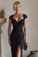 Load image into Gallery viewer, Black Cap Sleeves Ruched Long Mother of the Bride Dress with Slit