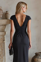 Load image into Gallery viewer, Black Cap Sleeves Ruched Long Mother of the Bride Dress with Slit
