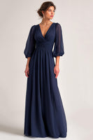 Load image into Gallery viewer, Navy A Line Chiffon V-Neck Long Mother of the Bride Dress with Sleeves