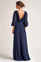 Load image into Gallery viewer, Navy A Line Chiffon V-Neck Long Mother of the Bride Dress with Sleeves