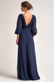 Navy A Line Chiffon V-Neck Long Mother of the Bride Dress with Sleeves