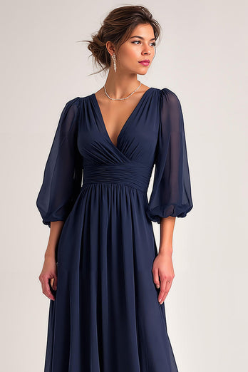 Navy A Line Chiffon V-Neck Long Mother of the Bride Dress with Sleeves