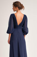 Load image into Gallery viewer, Navy A Line Chiffon V-Neck Long Mother of the Bride Dress with Sleeves