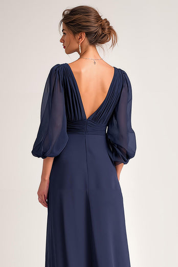 Navy A Line Chiffon V-Neck Long Mother of the Bride Dress with Sleeves