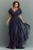 Load image into Gallery viewer, Navy Chiffon V-Neck Ruched Long Mother of the Bride Dress with Ruffles