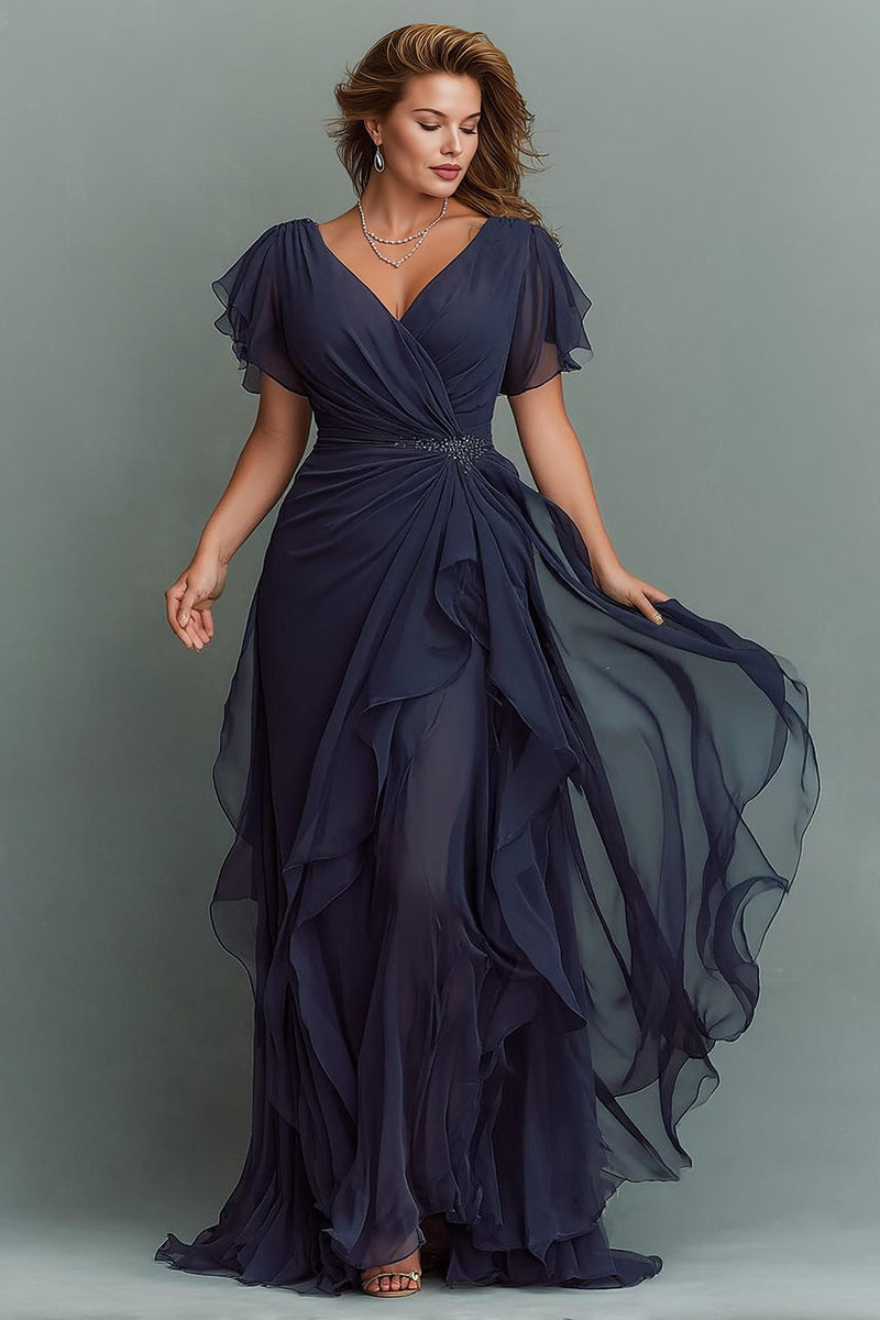 Load image into Gallery viewer, Navy Chiffon V-Neck Ruched Long Mother of the Bride Dress with Ruffles