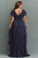 Load image into Gallery viewer, Navy Chiffon V-Neck Ruched Long Mother of the Bride Dress with Ruffles
