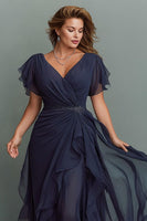 Load image into Gallery viewer, Navy Chiffon V-Neck Ruched Long Mother of the Bride Dress with Ruffles