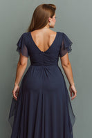 Load image into Gallery viewer, Navy Chiffon V-Neck Ruched Long Mother of the Bride Dress with Ruffles