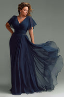 Load image into Gallery viewer, Navy V-Neck Chiffon Short Sleeves Long Mother of the Bride Dress