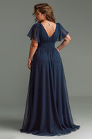 Load image into Gallery viewer, Navy V-Neck Chiffon Short Sleeves Long Mother of the Bride Dress