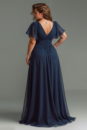 Navy V-Neck Chiffon Short Sleeves Long Mother of the Bride Dress