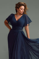 Load image into Gallery viewer, Navy V-Neck Chiffon Short Sleeves Long Mother of the Bride Dress