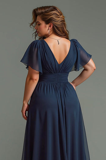 Navy V-Neck Chiffon Short Sleeves Long Mother of the Bride Dress