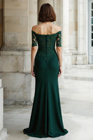 Load image into Gallery viewer, Pine Green Off the Shoulder Mermaid Long Mother of the Bride Dress with Appliques