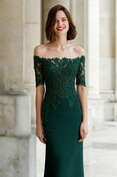 Load image into Gallery viewer, Pine Green Off the Shoulder Mermaid Long Mother of the Bride Dress with Appliques