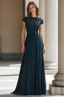 Load image into Gallery viewer, Peacock Green Round Neck Chiffon A-Line Long Mother of the Bride Dress with Appliques