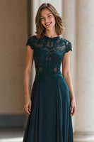 Load image into Gallery viewer, Peacock Green Round Neck Chiffon A-Line Long Mother of the Bride Dress with Appliques
