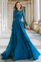 Load image into Gallery viewer, Ink Blue Round Neck Lace A-Line Long Mother of the Bride Dress with Sleeves