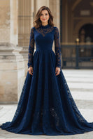 Load image into Gallery viewer, Navy High Neck Lace A-Line Long Mother of the Bride Dress with Sleeves
