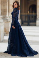 Load image into Gallery viewer, Navy High Neck Lace A-Line Long Mother of the Bride Dress with Sleeves