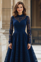 Load image into Gallery viewer, Navy High Neck Lace A-Line Long Mother of the Bride Dress with Sleeves