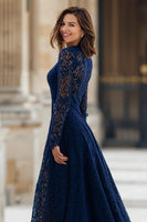 Load image into Gallery viewer, Navy High Neck Lace A-Line Long Mother of the Bride Dress with Sleeves