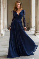Load image into Gallery viewer, Navy V-Neck Chiffon A-Line Long Mother of the Bride Dress with Lace