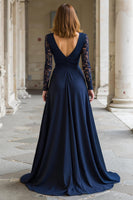 Load image into Gallery viewer, Navy V-Neck Chiffon A-Line Long Mother of the Bride Dress with Lace