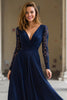 Load image into Gallery viewer, Navy V-Neck Chiffon A-Line Long Mother of the Bride Dress with Lace