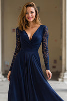 Load image into Gallery viewer, Navy V-Neck Chiffon A-Line Long Mother of the Bride Dress with Lace