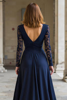 Load image into Gallery viewer, Navy V-Neck Chiffon A-Line Long Mother of the Bride Dress with Lace