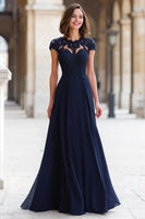 Load image into Gallery viewer, Navy Chiffon Round Neck A-Line Long Mother of the Bride Dress with Appliques