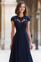Load image into Gallery viewer, Navy Chiffon Round Neck A-Line Long Mother of the Bride Dress with Appliques