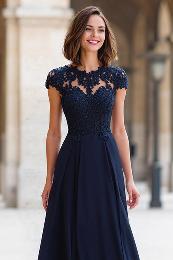 Navy Chiffon Round Neck A-Line Long Mother of the Bride Dress with Appliques