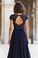Load image into Gallery viewer, Navy Chiffon Round Neck A-Line Long Mother of the Bride Dress with Appliques