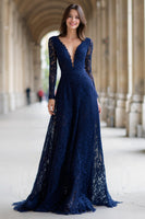 Load image into Gallery viewer, Navy V-Neck Long Sleeves A-Line Lace Long Mother of the Bride Dress