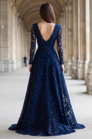Load image into Gallery viewer, Navy V-Neck Long Sleeves A-Line Lace Long Mother of the Bride Dress