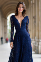 Load image into Gallery viewer, Navy V-Neck Long Sleeves A-Line Lace Long Mother of the Bride Dress