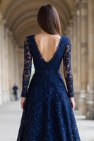 Load image into Gallery viewer, Navy V-Neck Long Sleeves A-Line Lace Long Mother of the Bride Dress