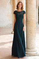 Load image into Gallery viewer, Peacock Green Round Neck Chiffon A-Line Long Mother of the Bride Dress with Sleeves