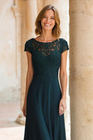 Load image into Gallery viewer, Peacock Green Round Neck Chiffon A-Line Long Mother of the Bride Dress with Sleeves