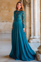 Load image into Gallery viewer, Peacock Blue Round Neck Chiffon A-Line Long Mother of the Bride Dress with Lace