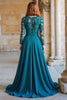 Load image into Gallery viewer, Peacock Blue Round Neck Chiffon A-Line Long Mother of the Bride Dress with Lace